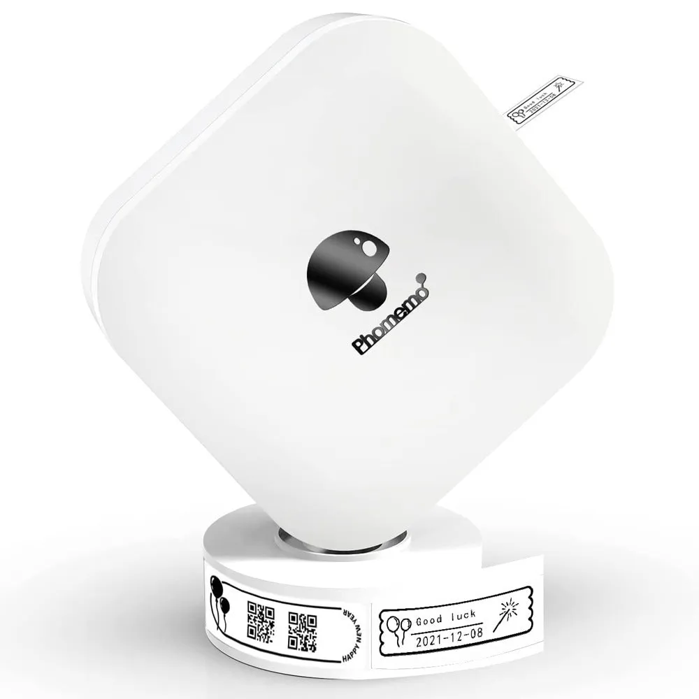 Q30 thermal mini label printer in green, compact size 82x82x32mm, with self-adhesive paper roll on white background