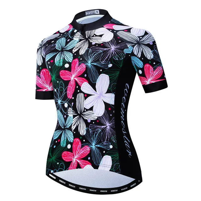 Women bike jersey with short sleeves and three rear pockets in multiple colour options