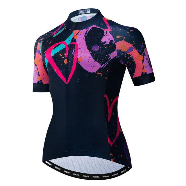 Women bike jersey with short sleeves and three rear pockets in multiple colour options