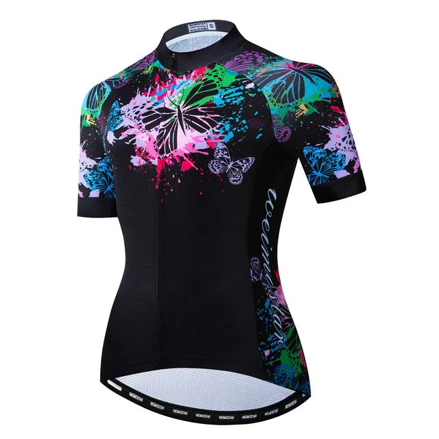 Women bike jersey with short sleeves and three rear pockets in multiple colour options