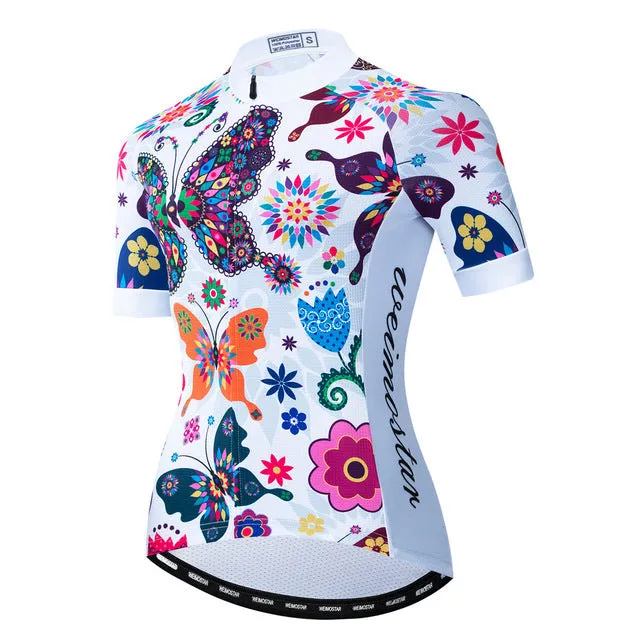 Women bike jersey with short sleeves and three rear pockets in multiple colour options
