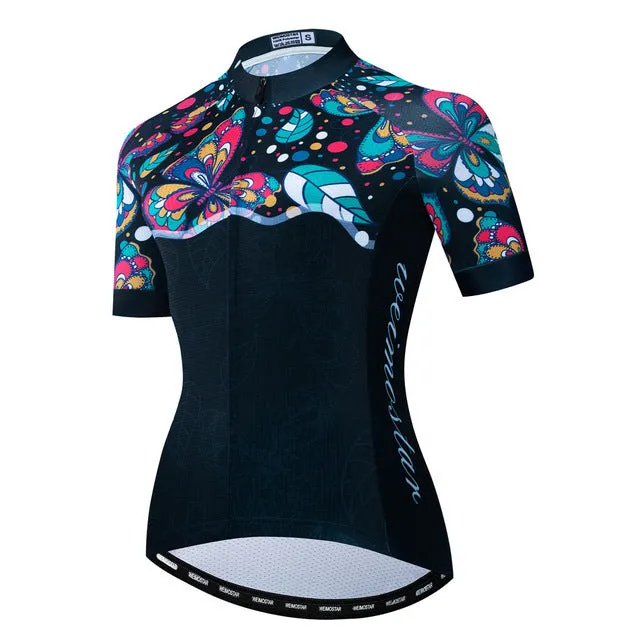 Women bike jersey with short sleeves and three rear pockets in multiple colour options