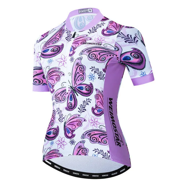Women bike jersey with short sleeves and three rear pockets in multiple colour options