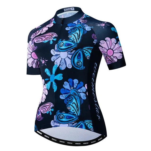 Women bike jersey with short sleeves and three rear pockets in multiple colour options