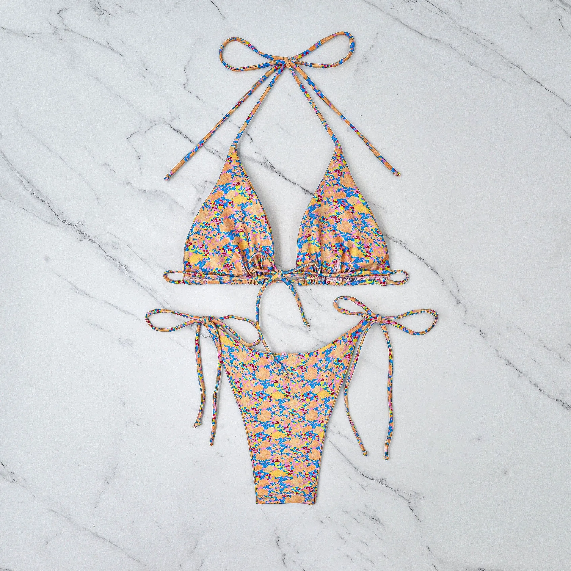 Women's lace-up European split bikini swimsuit with backless briefs design in picture colour