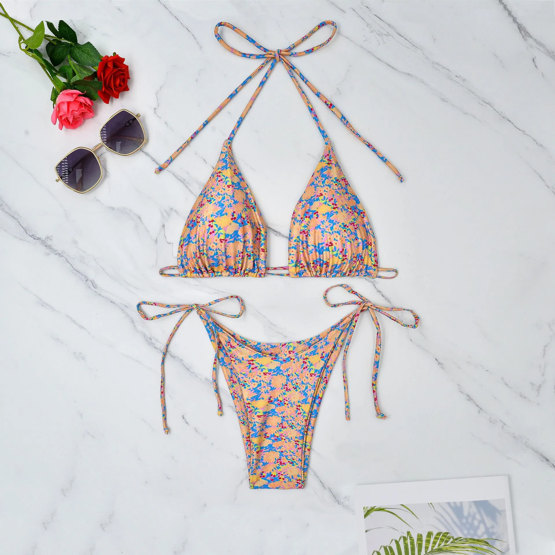 Women's lace-up European split bikini swimsuit with backless briefs design in picture colour