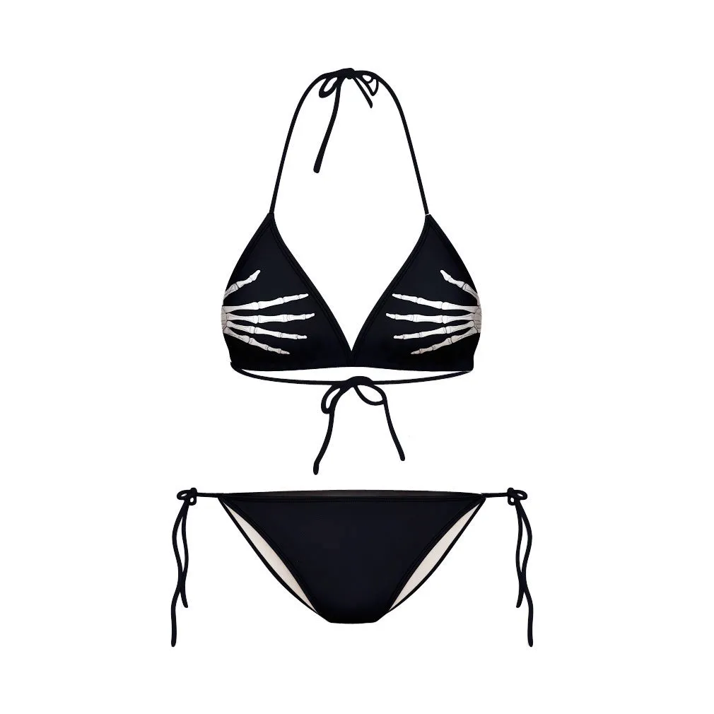3D printed skull graphic finger bikini mini swimsuit in blue