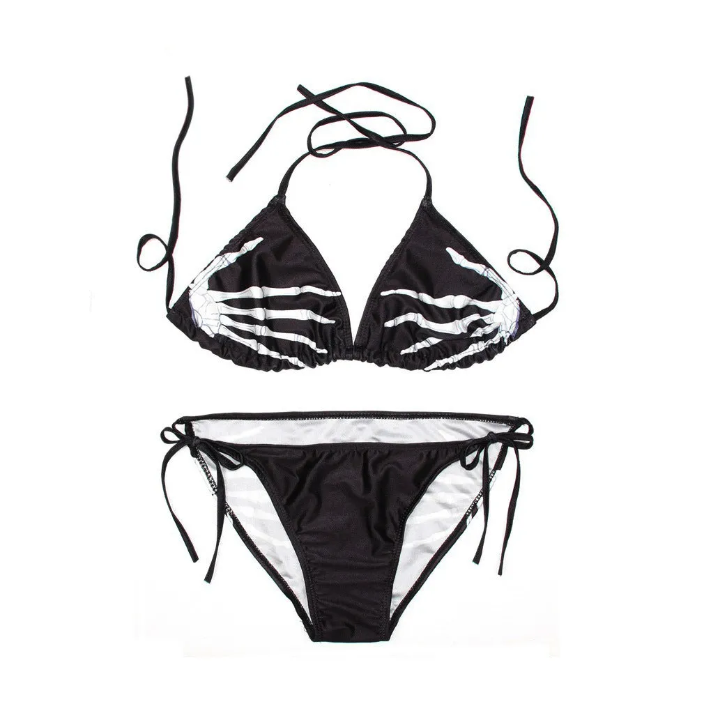 3D printed skull graphic finger bikini mini swimsuit in blue