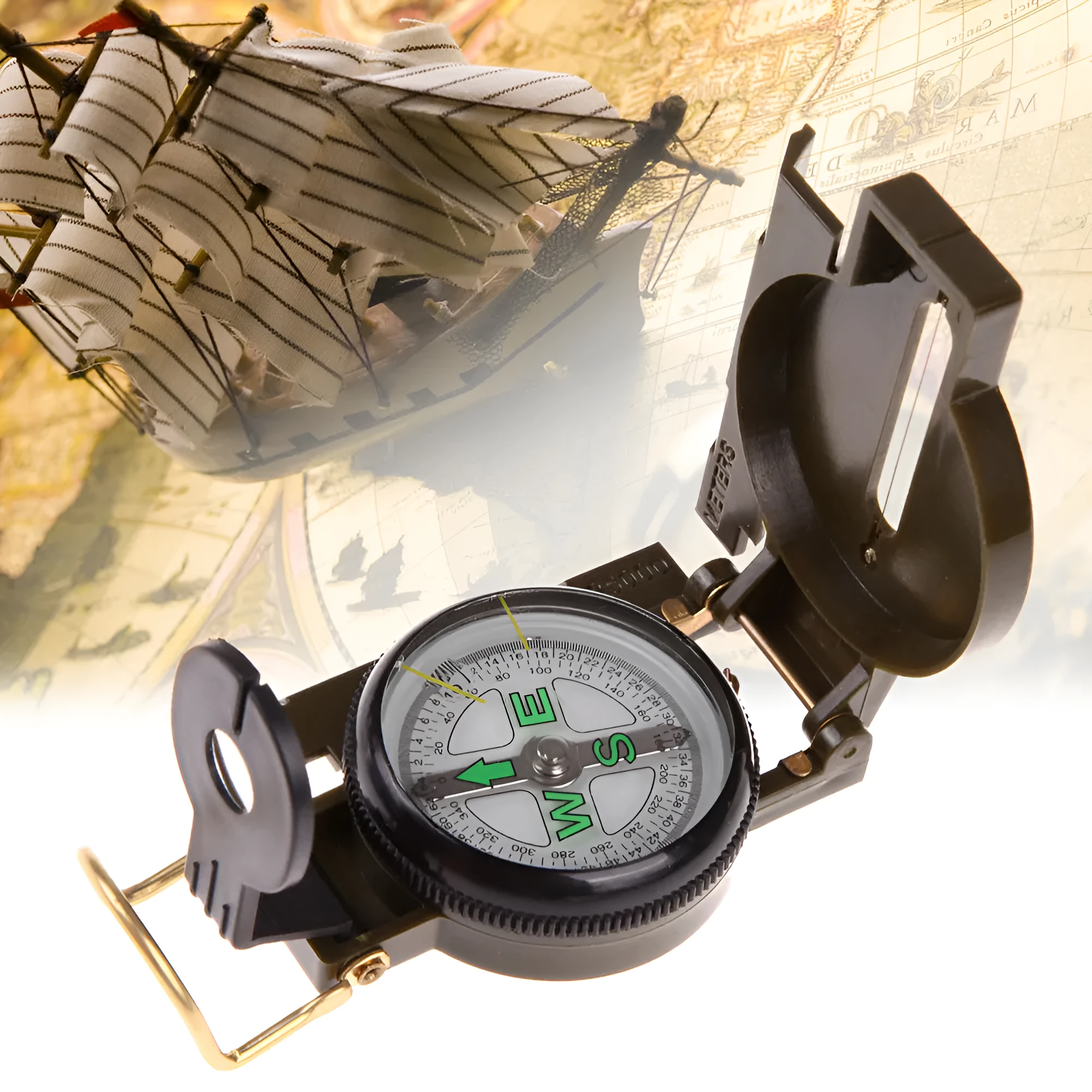 Army Green aluminium alloy compass with kerosene-damped movement open on neutral background