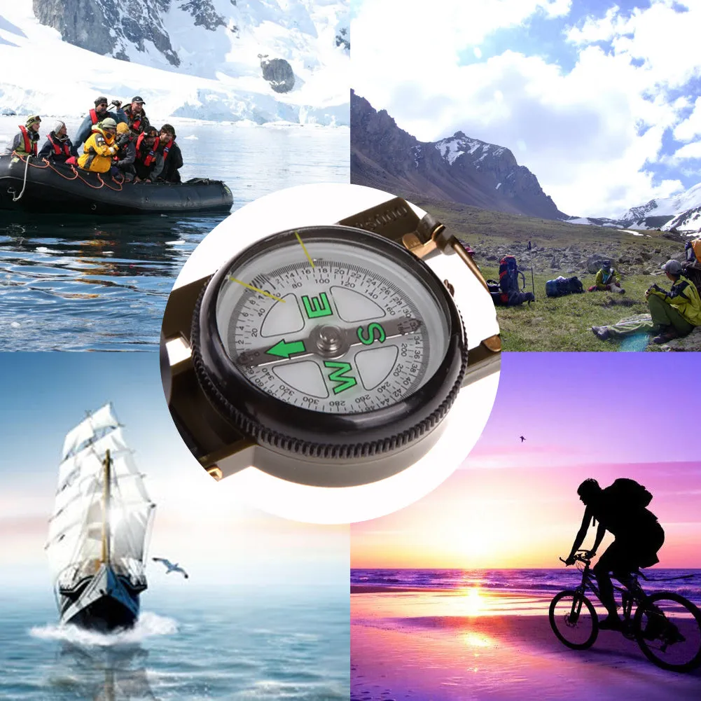 Army Green aluminium alloy compass with kerosene-damped movement open on neutral background