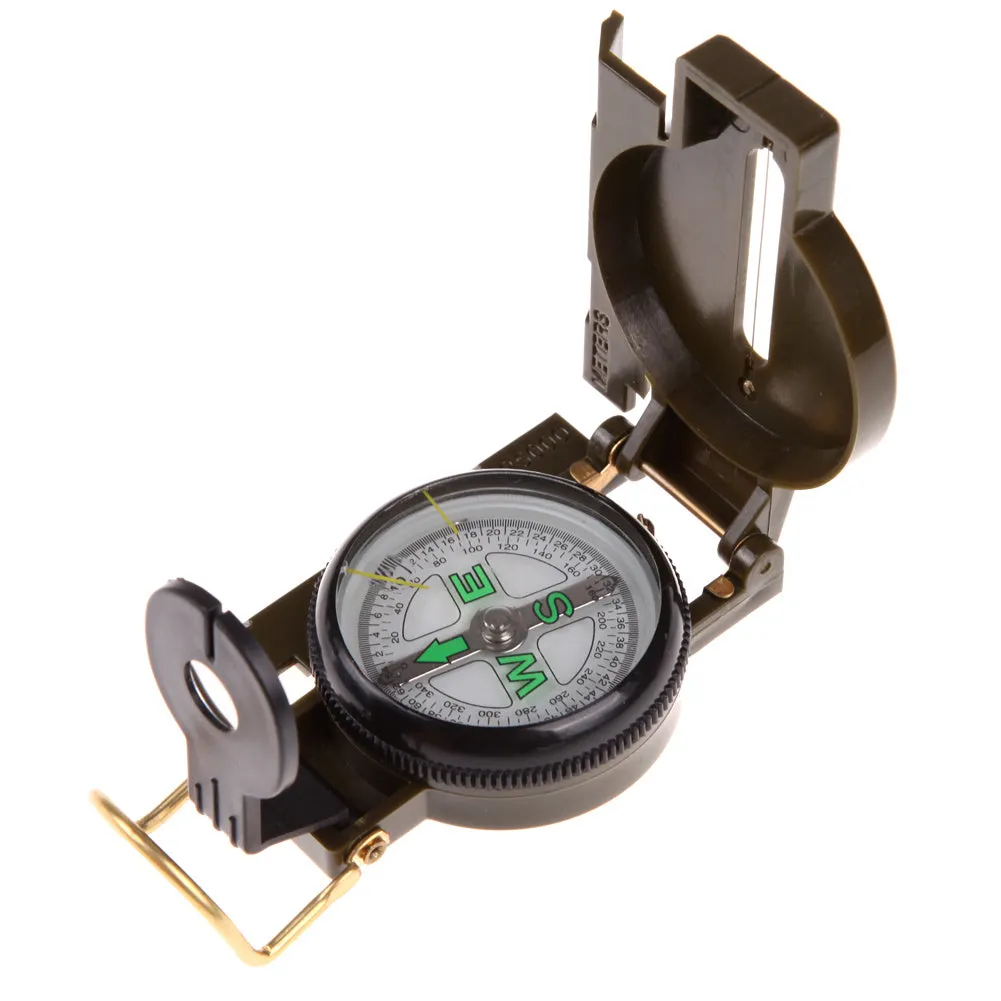Army Green aluminium alloy compass with kerosene-damped movement open on neutral background
