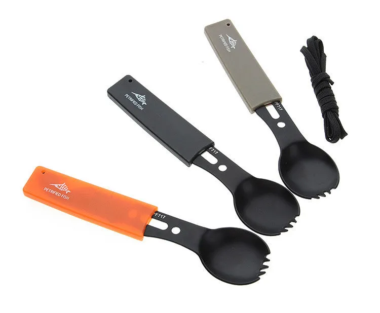 Outdoor spoon fork knife set with whistle camping tool 15.7cm stainless steel black silver