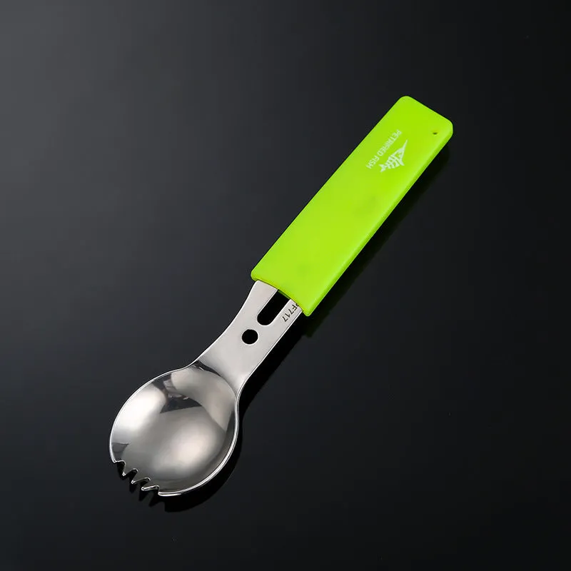 Outdoor spoon fork knife set with whistle camping tool 15.7cm stainless steel black silver
