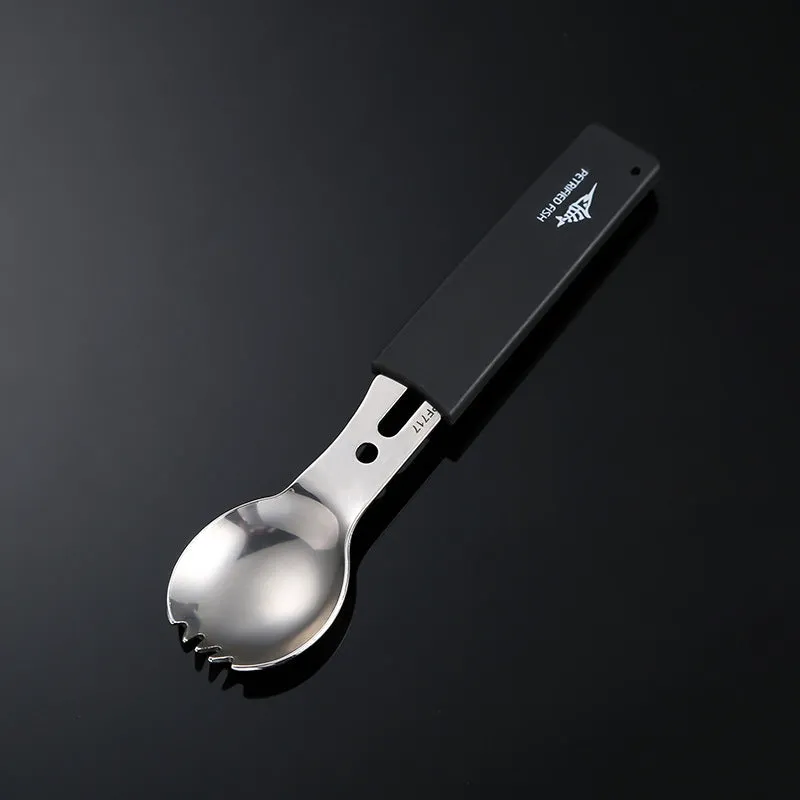 Outdoor spoon fork knife set with whistle camping tool 15.7cm stainless steel black silver