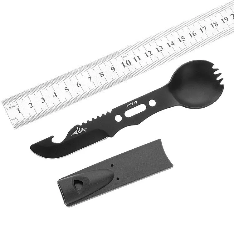 Outdoor spoon fork knife set with whistle camping tool 15.7cm stainless steel black silver