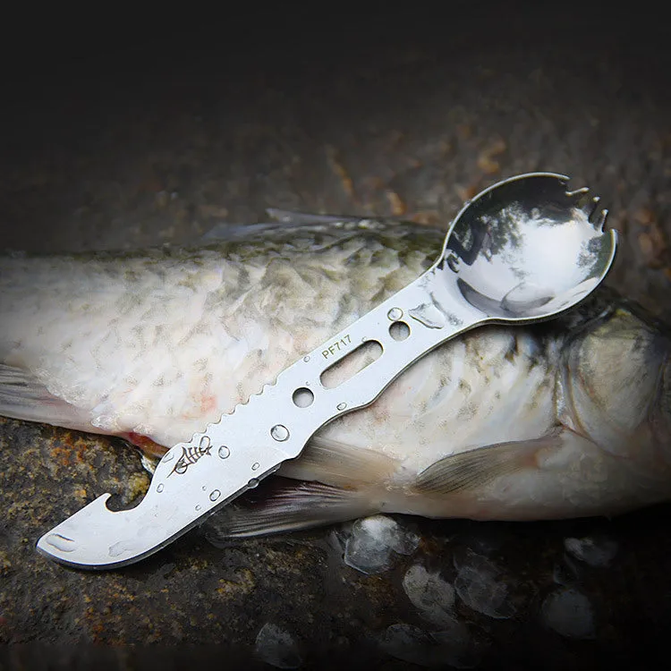 Outdoor spoon fork knife set with whistle camping tool 15.7cm stainless steel black silver