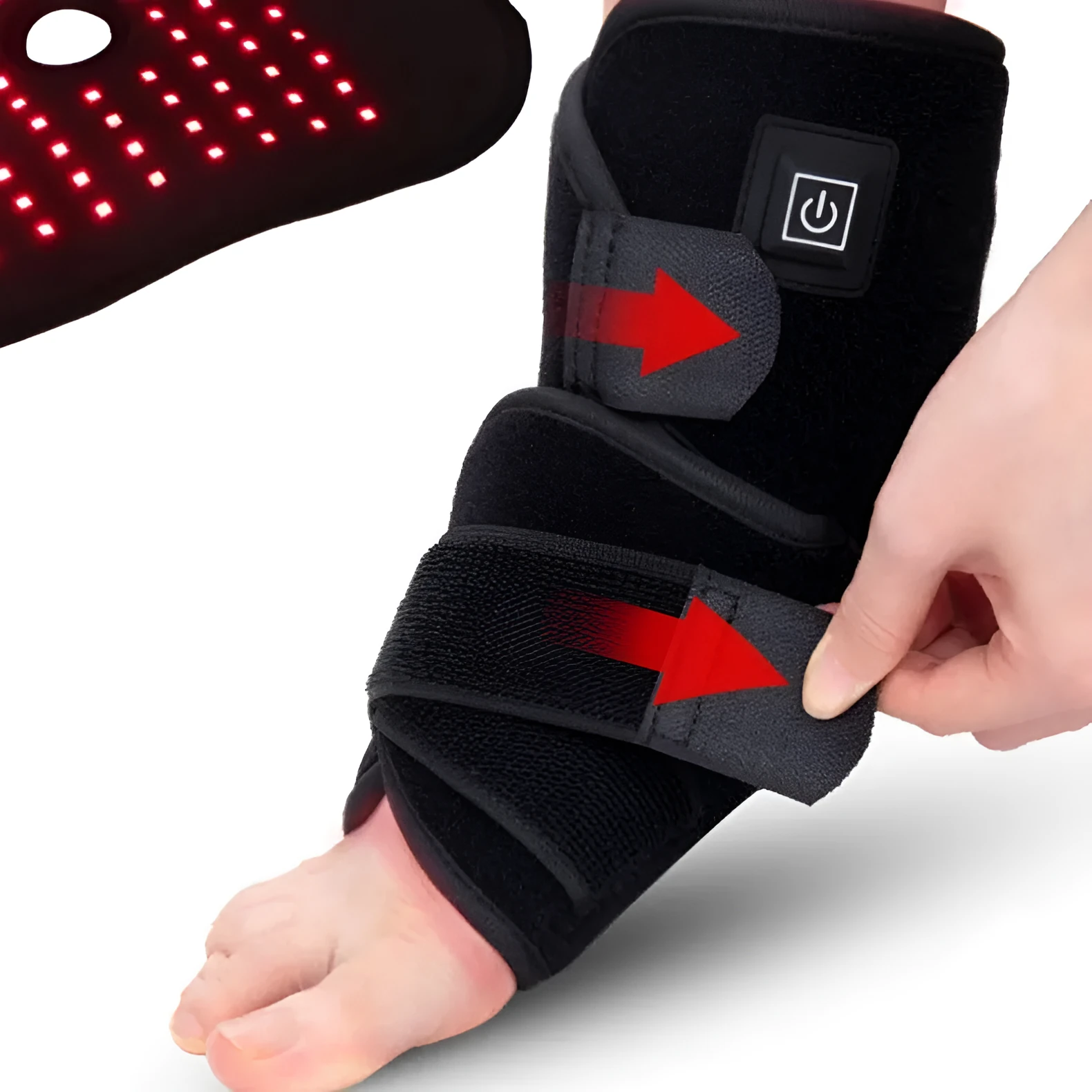 Black physical therapy ankle support with red light heat compress and USB cable