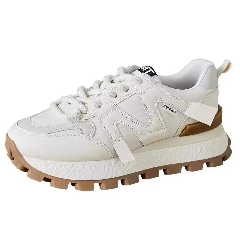Women's casual platform sneakers with non-slip sole, artificial PU upper, round toe, low top, in Beige and Black