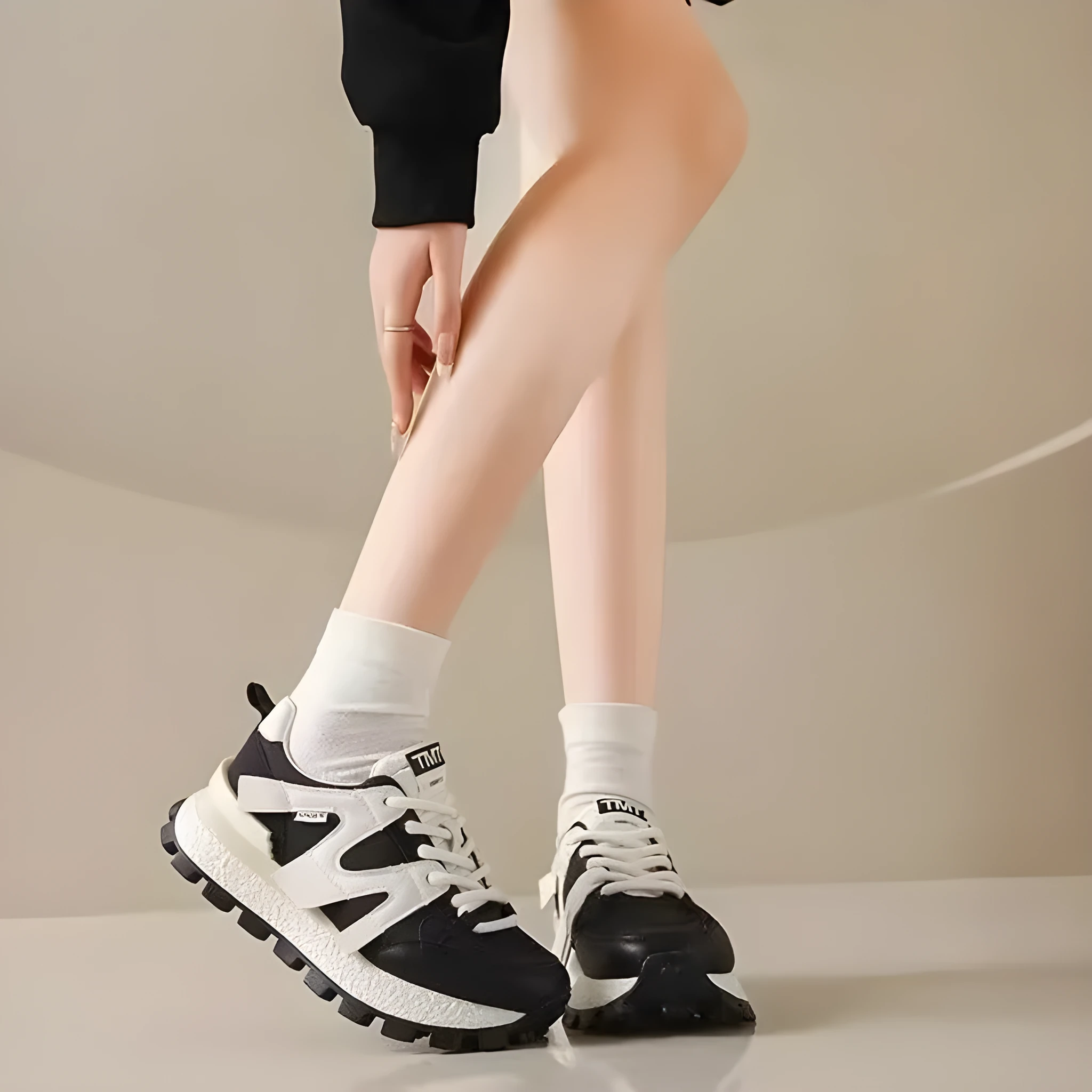Women's casual platform sneakers with non-slip sole, artificial PU upper, round toe, low top, in Beige and Black