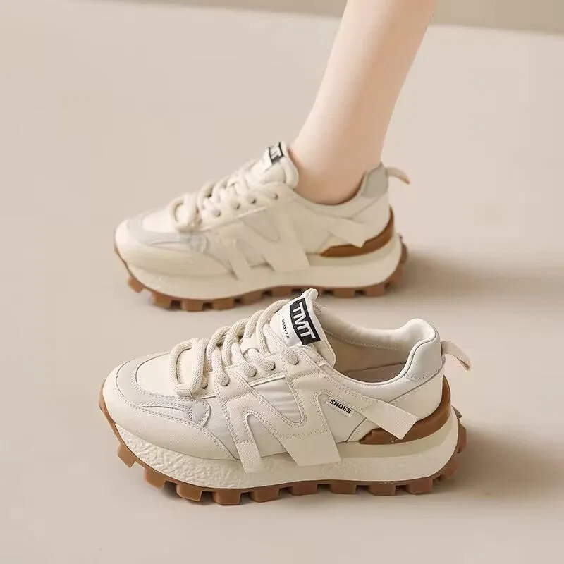 Women's casual platform sneakers with non-slip sole, artificial PU upper, round toe, low top, in Beige and Black