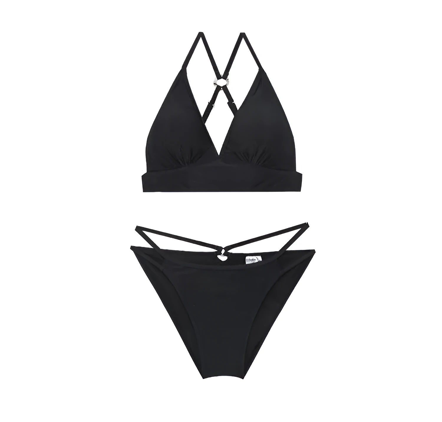 Women's solid colour gathered deep V black polyester swimsuit with chest pad for swimming and wading