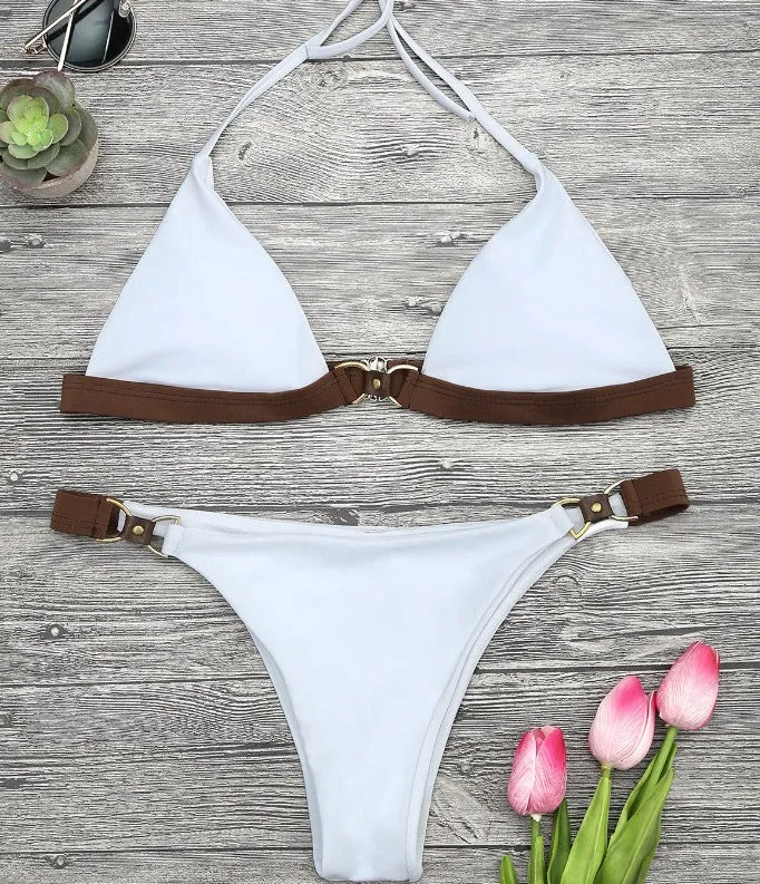 Women's split bikini set in pattern style with pull-through chest padding, polyester fabric