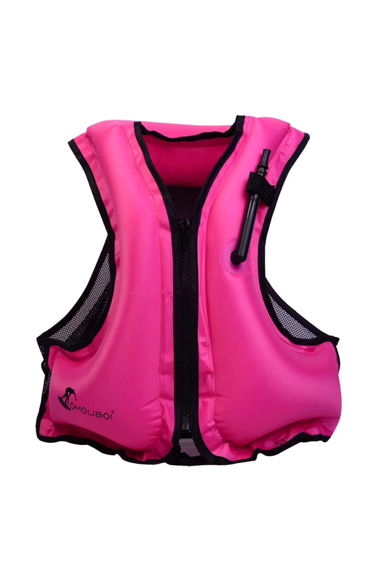 Inflatable life jacket in orange for children and adults, suitable for snorkeling and fishing