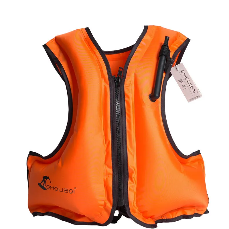 Inflatable life jacket in orange for children and adults, suitable for snorkeling and fishing