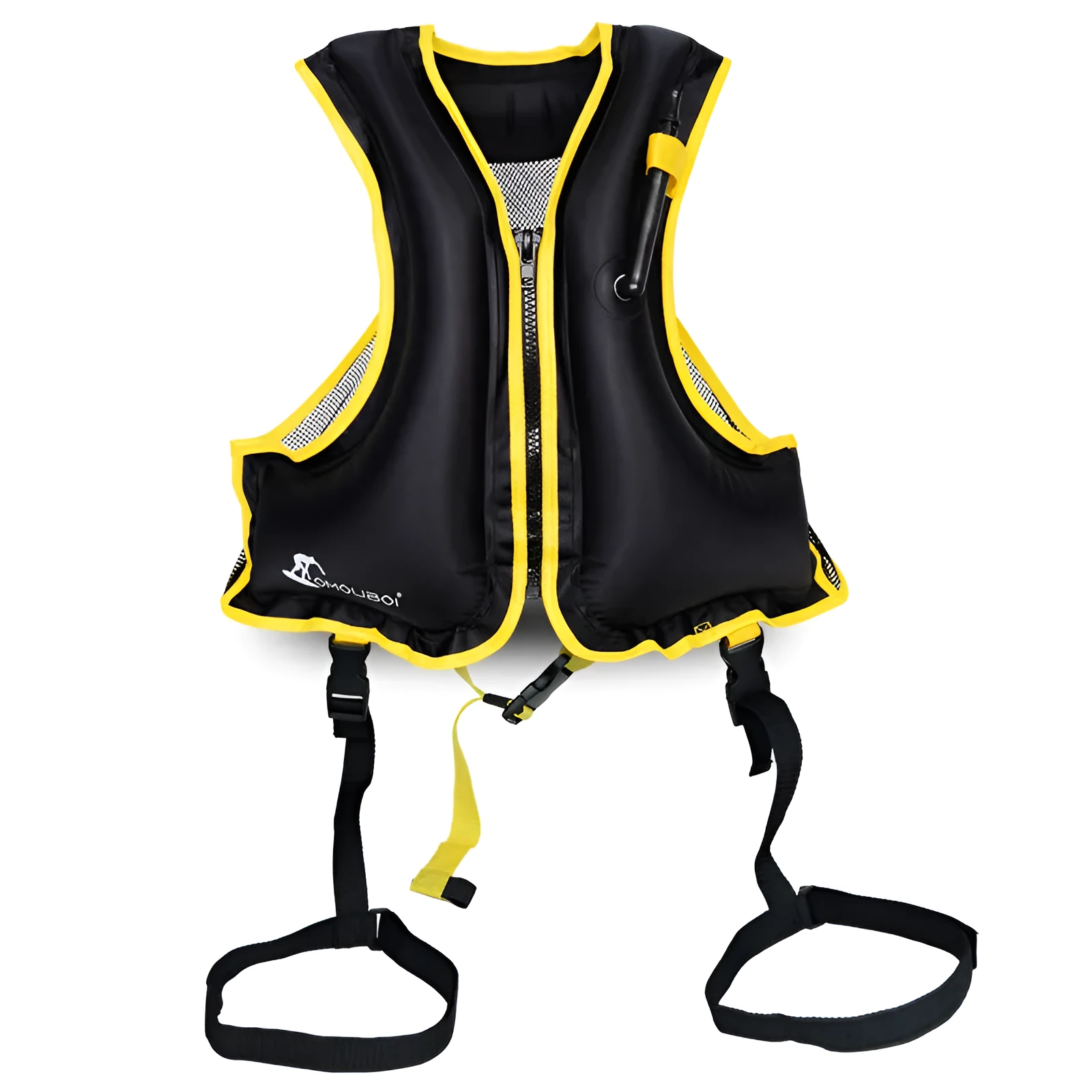 Inflatable life jacket in orange for children and adults, suitable for snorkeling and fishing
