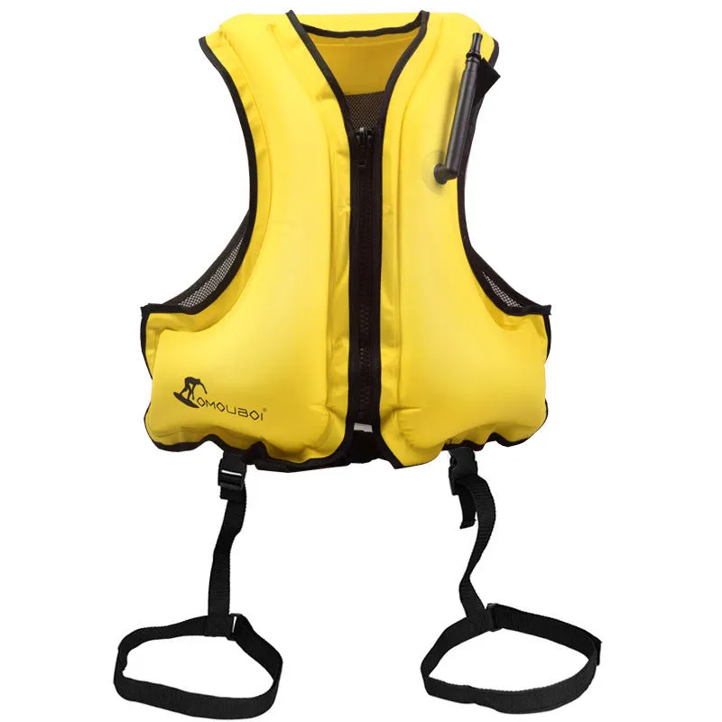 Inflatable life jacket in orange for children and adults, suitable for snorkeling and fishing