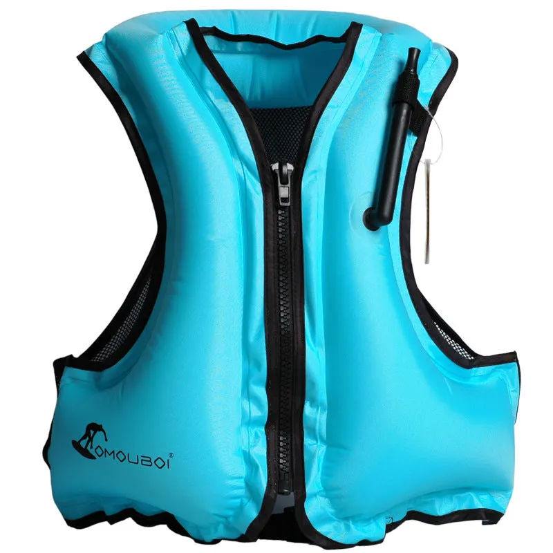 Inflatable life jacket in orange for children and adults, suitable for snorkeling and fishing