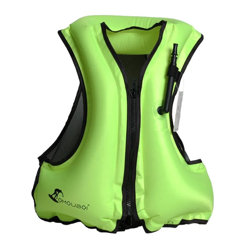 Inflatable life jacket in orange for children and adults, suitable for snorkeling and fishing