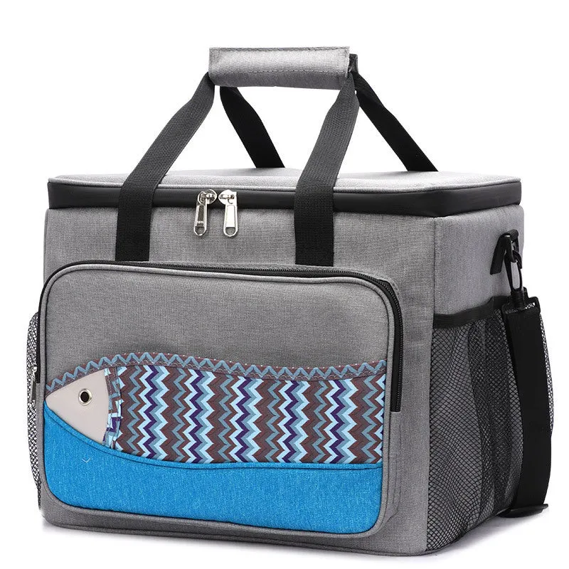 Fish pattern insulated cooler bag in Oxford cloth with EVA lining, medium size, khaki colour