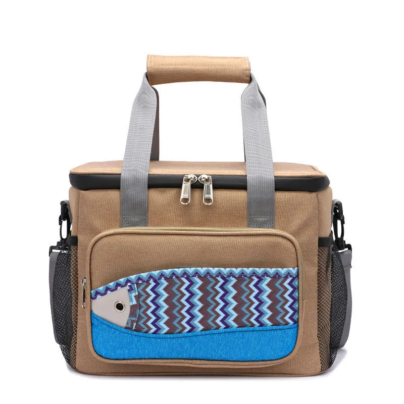 Fish pattern insulated cooler bag in Oxford cloth with EVA lining, medium size, khaki colour