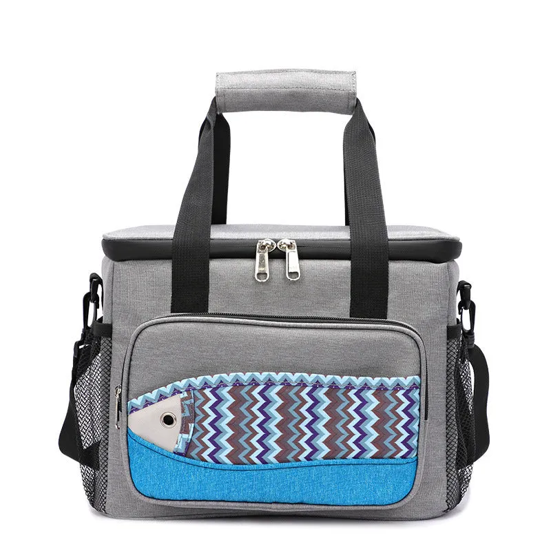 Fish pattern insulated cooler bag in Oxford cloth with EVA lining, medium size, khaki colour