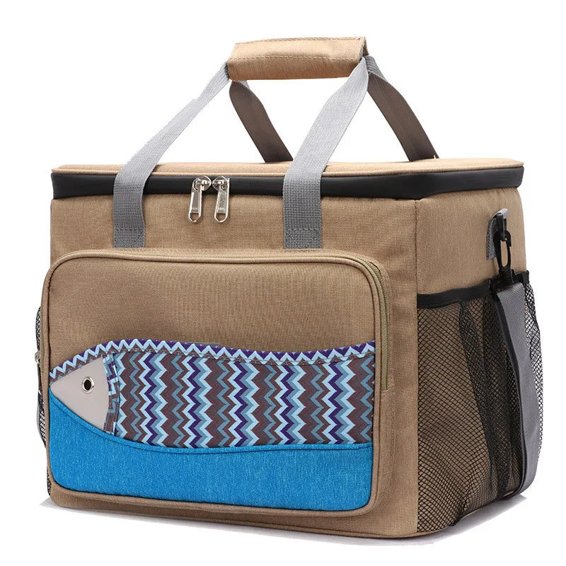Fish pattern insulated cooler bag in Oxford cloth with EVA lining, medium size, khaki colour