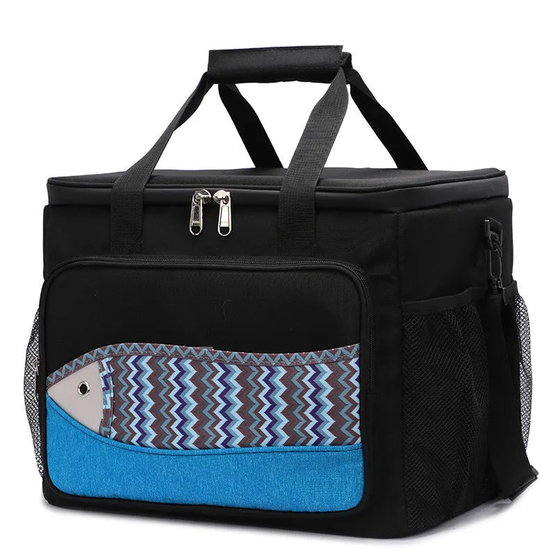 Fish pattern insulated cooler bag in Oxford cloth with EVA lining, medium size, khaki colour