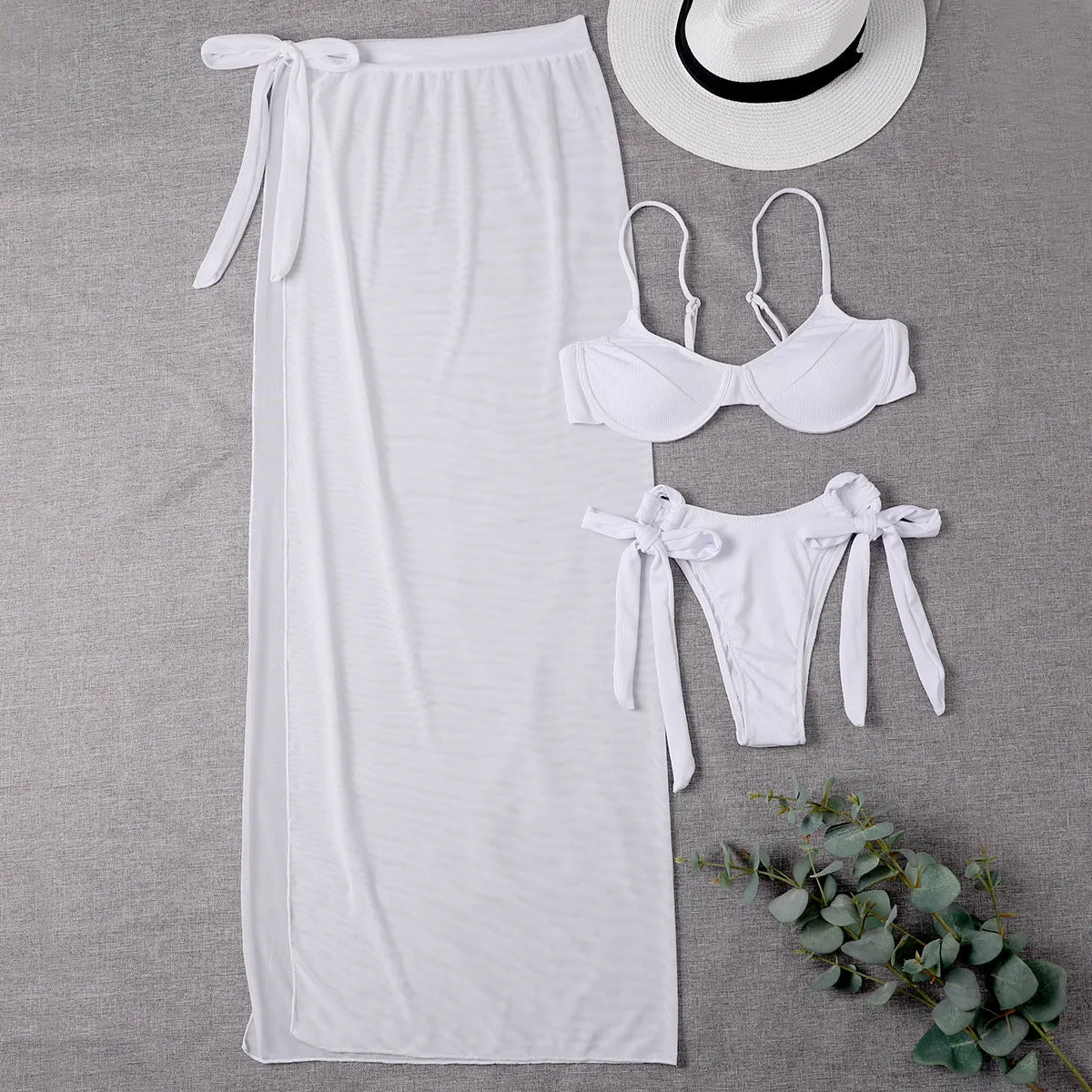 Three piece mesh skirt bikini set in polyester fibre for women available in white with sizes S to 5XL