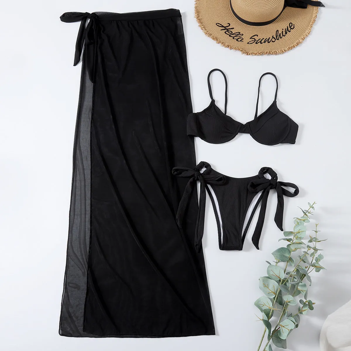 Three piece mesh skirt bikini set in polyester fibre for women available in white with sizes S to 5XL