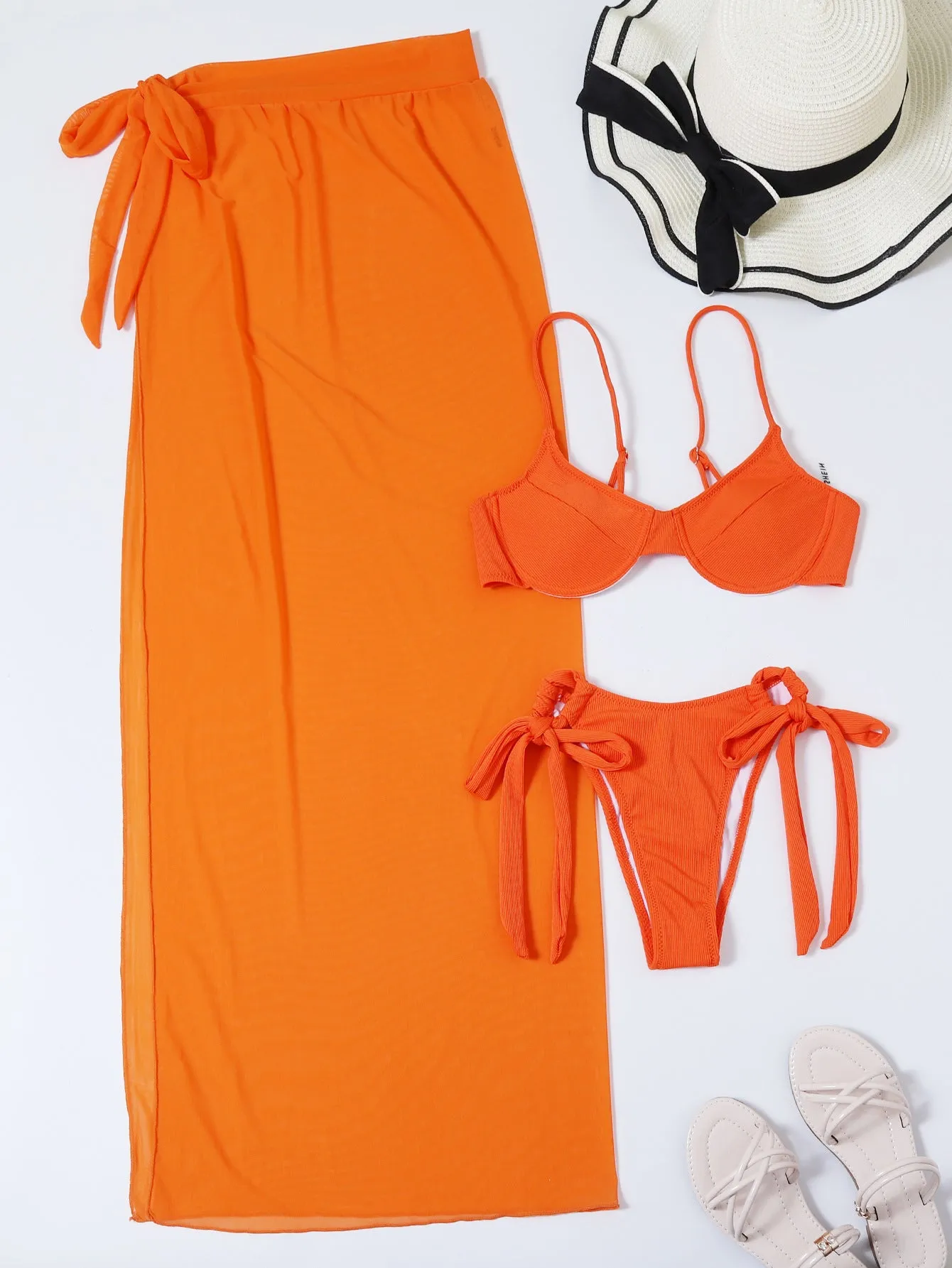 Three piece mesh skirt bikini set in polyester fibre for women available in white with sizes S to 5XL