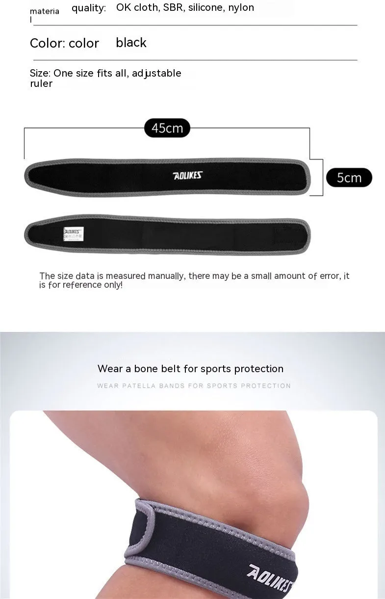Black and grey patella retinaculum knee support for sports protection.