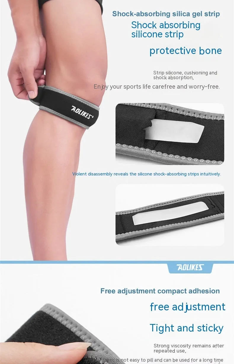 Black and grey patella retinaculum knee support for sports protection.