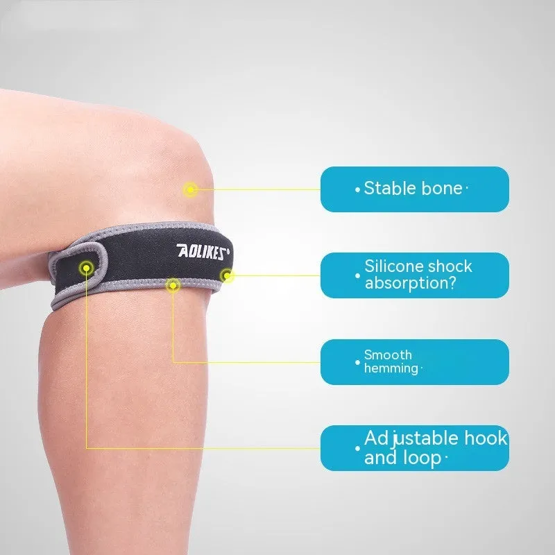 Black and grey patella retinaculum knee support for sports protection.