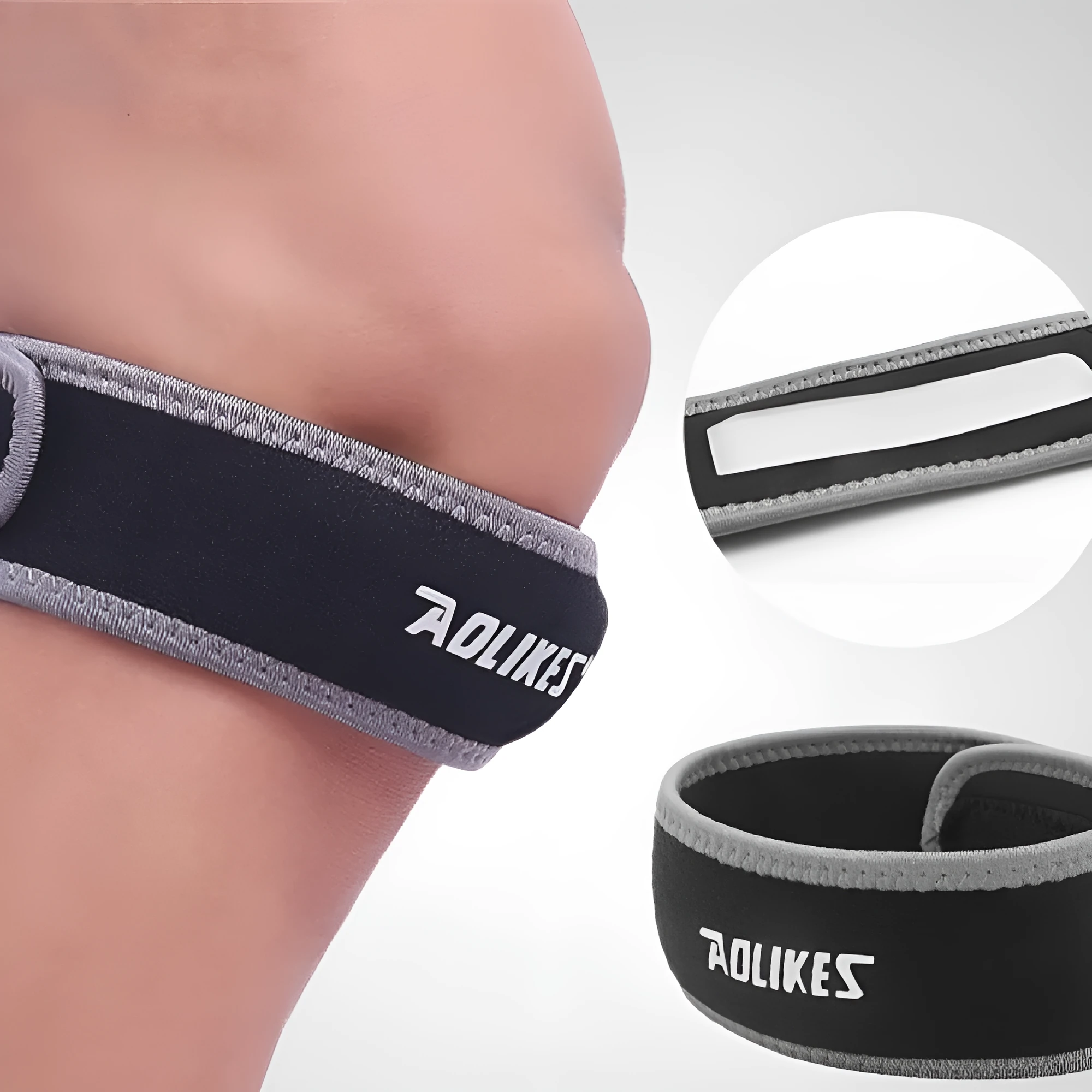 Black and grey patella retinaculum knee support for sports protection.