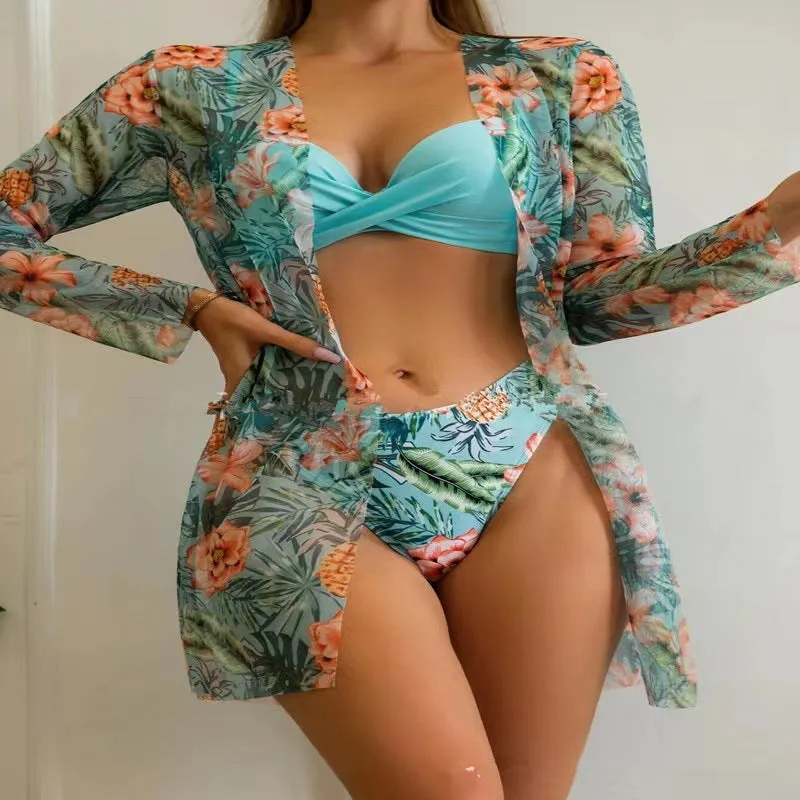 European and American three-piece swimsuit set with black flower print blouse and pants