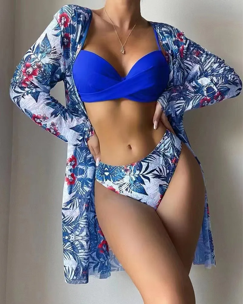 European and American three-piece swimsuit set with black flower print blouse and pants