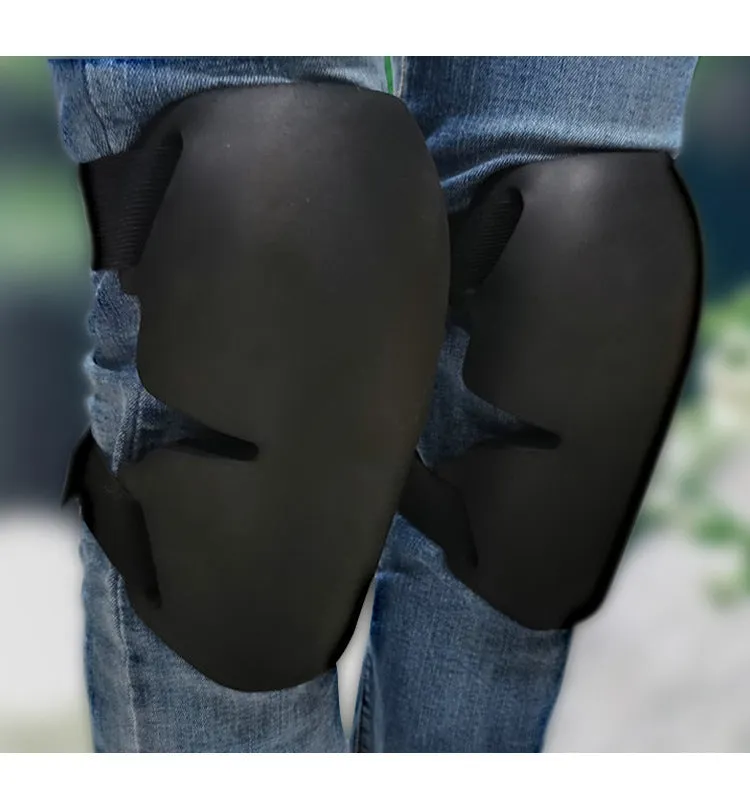 Black sports knee pad with EVA foam padding for outdoor construction and gardening use, 22 by 14 by 1.7 centimetres