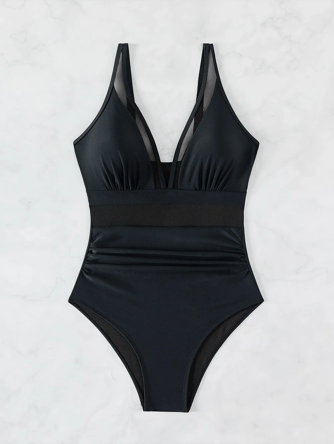 Black pure colour mesh halter one-piece swimsuit with brief coverage and sleeveless design