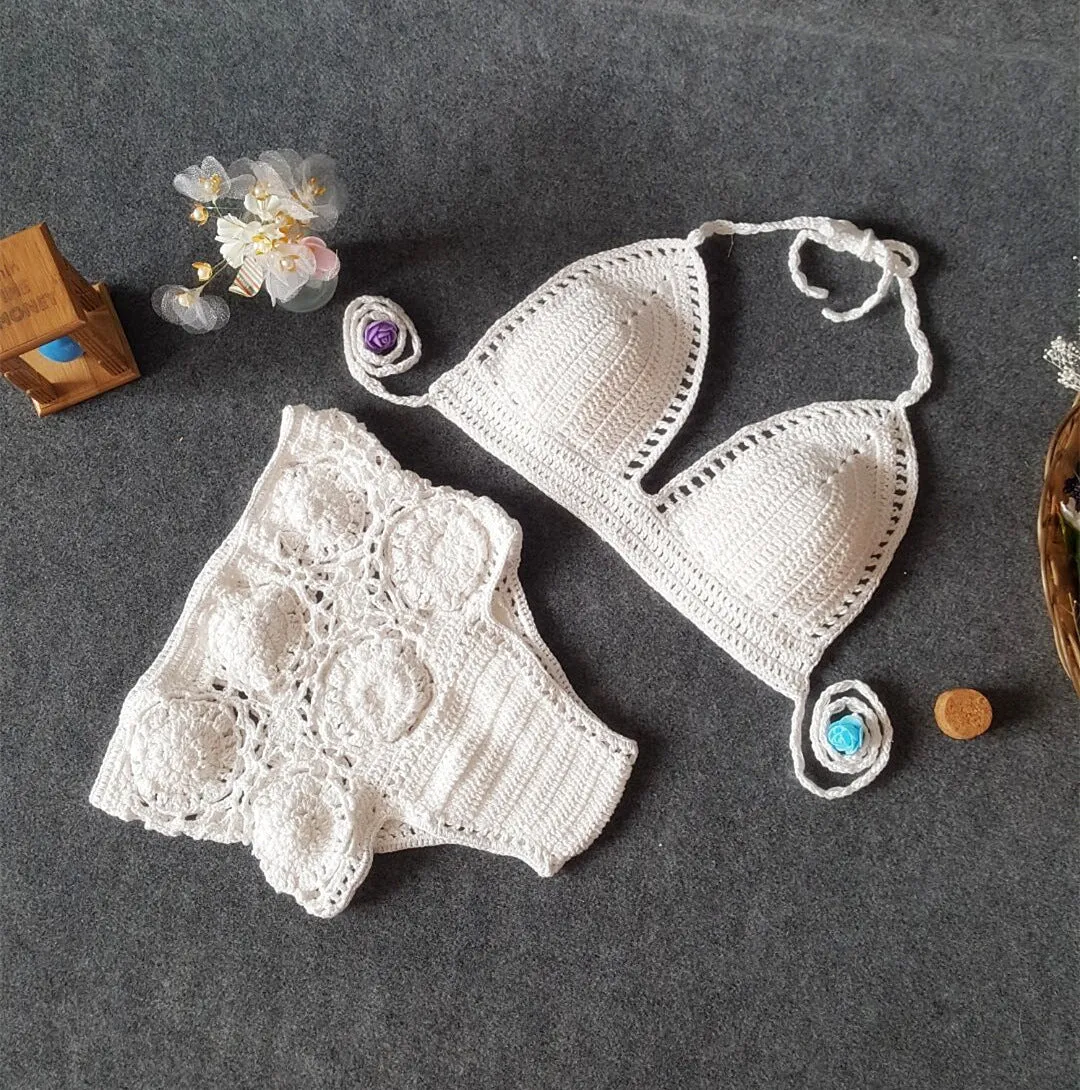 Women's high waisted crochet flower bikini set in brown with hollow split detail on the sides