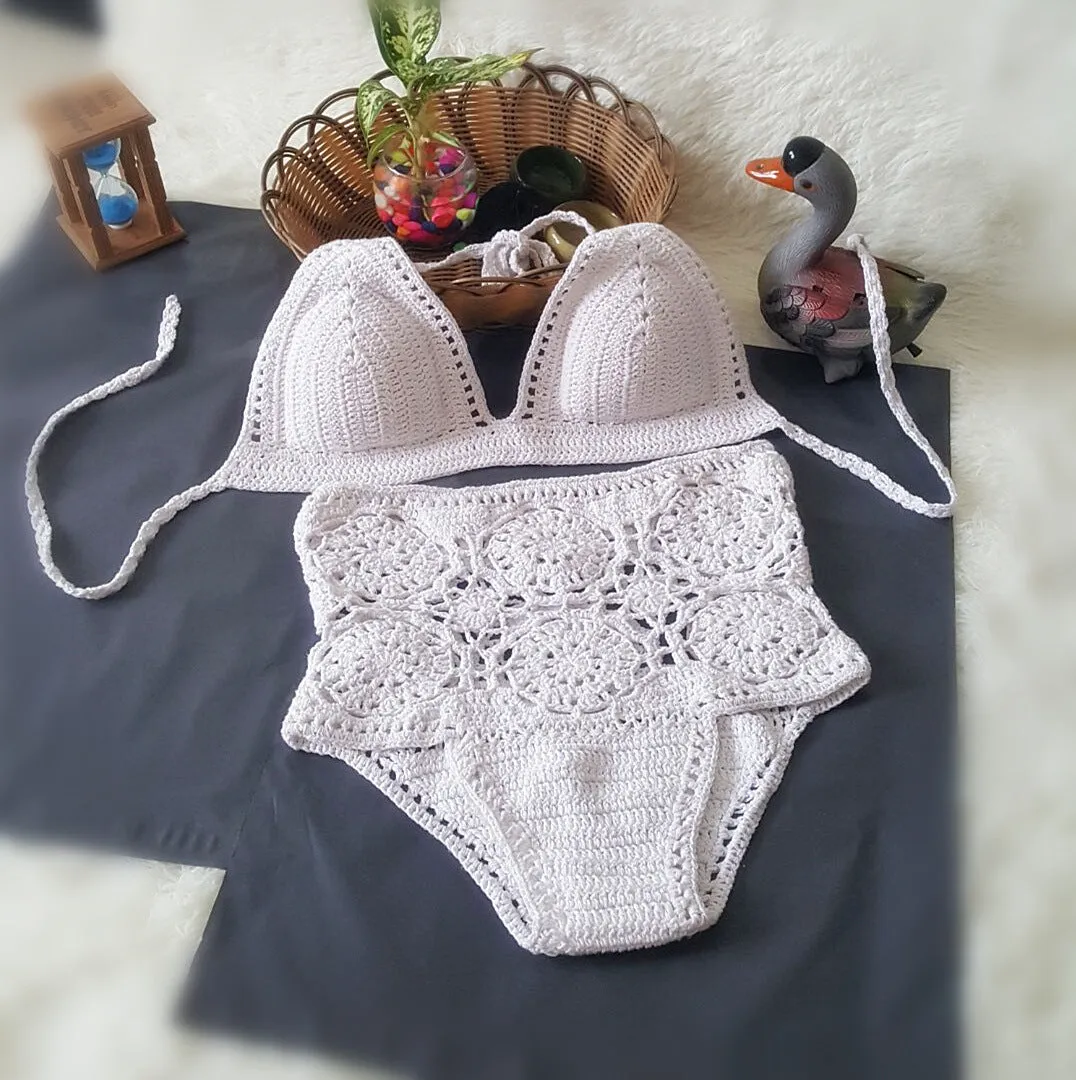 Women's high waisted crochet flower bikini set in brown with hollow split detail on the sides